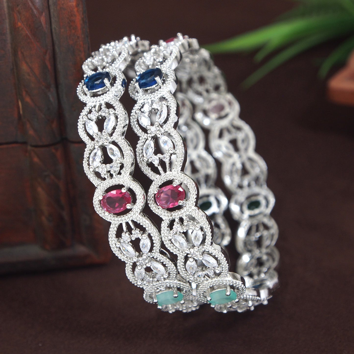 Elegant Multistone Zircon Brass Silver-Plated Bangles