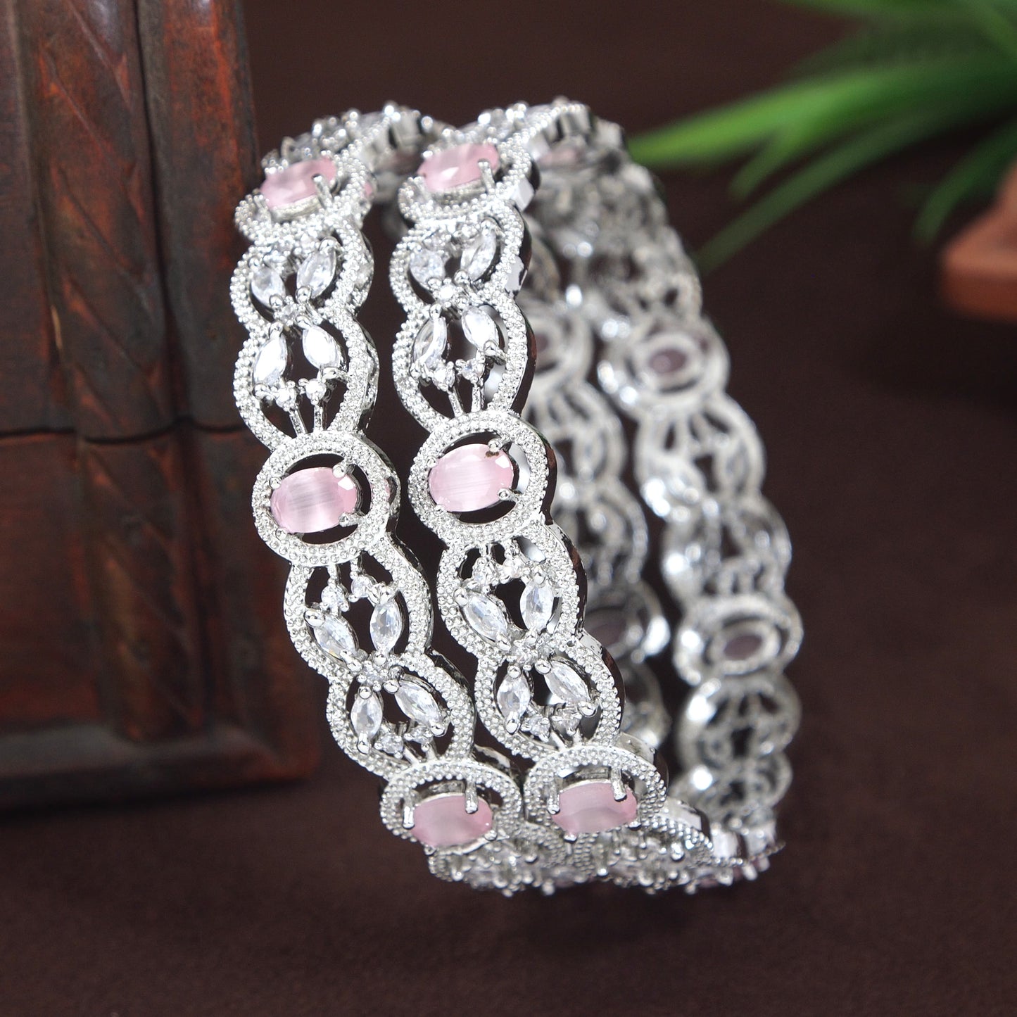 Elegant Pink Zircon Brass Silver-Plated Bangles