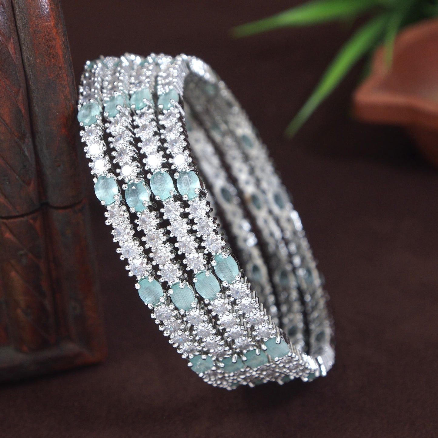 Silver Finish Mint Green Stone Studded Designer Bangle (Pack of 4)