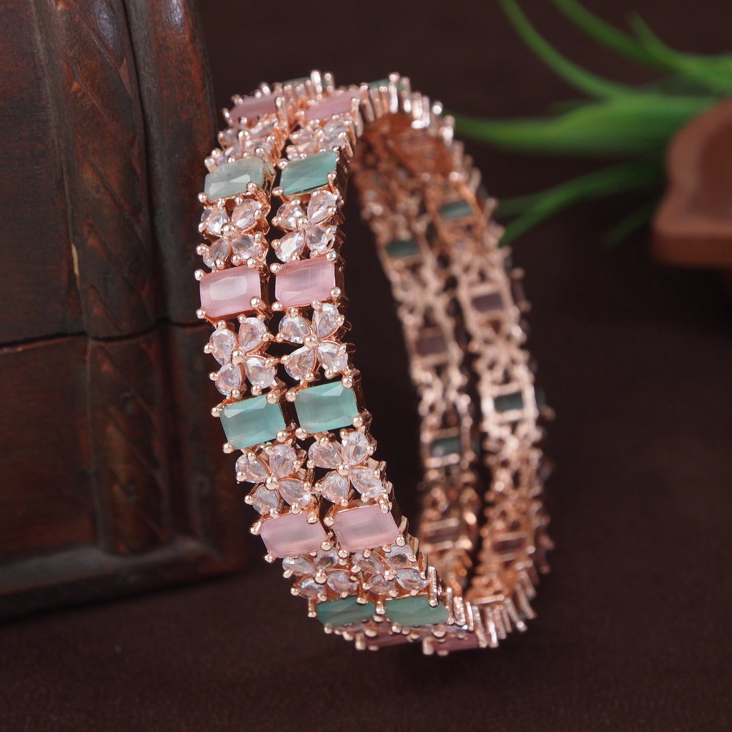 Zircon American Diamond Mint Pink Rose Gold Brass Bangles