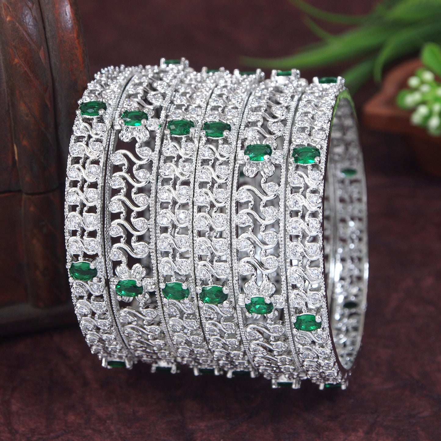 Silver Finish Green-white Stone Designer Bangles– Set of 6