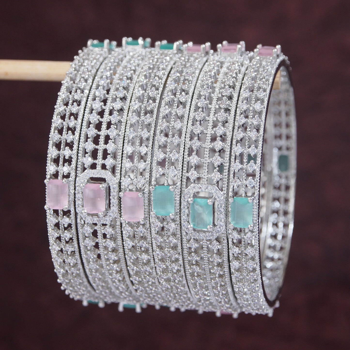 Silver Mint-Pink Elegance Bangles Set – Pack of 6