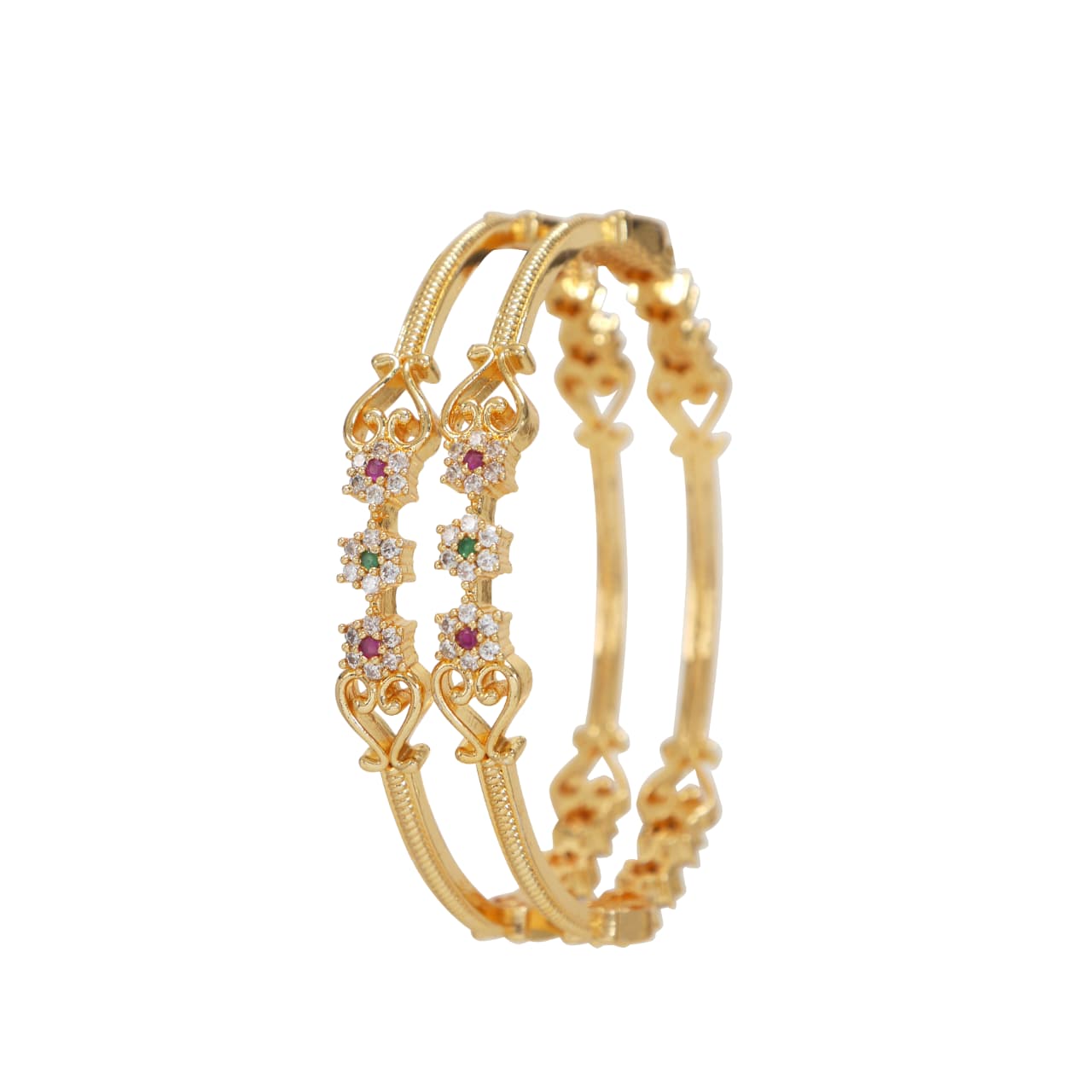 Gold-Plated Brass Bangles with Multicolour AD Floral Design