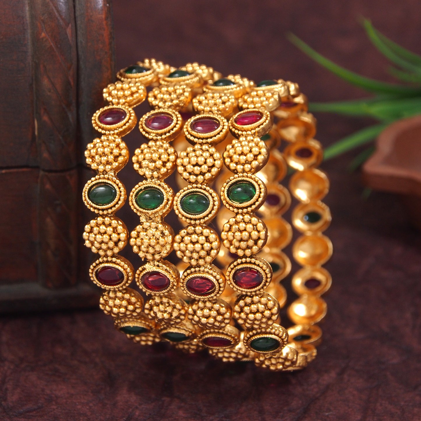 Handcrafted Brass Bangle with Ruby & Emerald-Inspired Stones & Antique Gold Finish