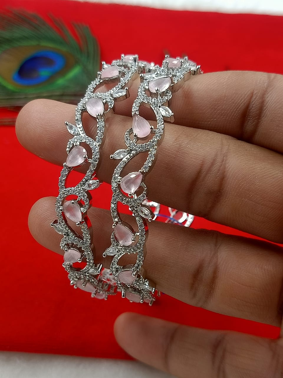 Exquisite Silver-Toned Designer Bangles with Mint Green Teardrop Stones
