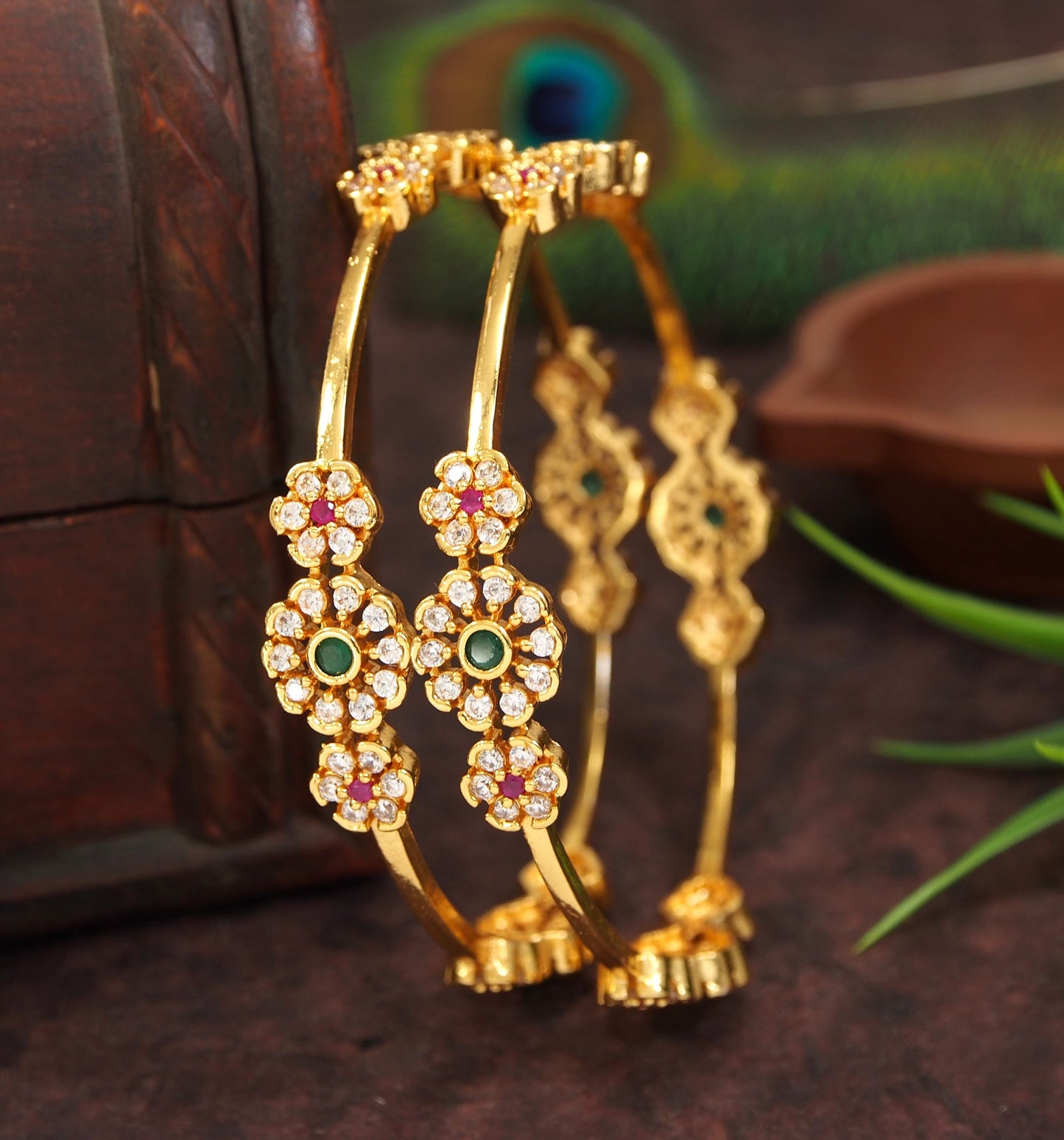 Elegant Micro Gold AD Brass Bangles ? Floral Stone-Studded Design