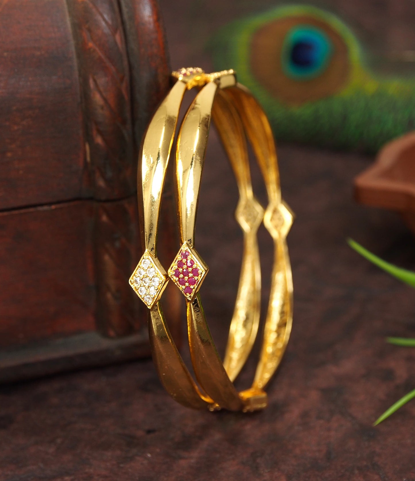 Sleek Micro Gold AD Brass Bangles ? Minimalistic Diamond Accents