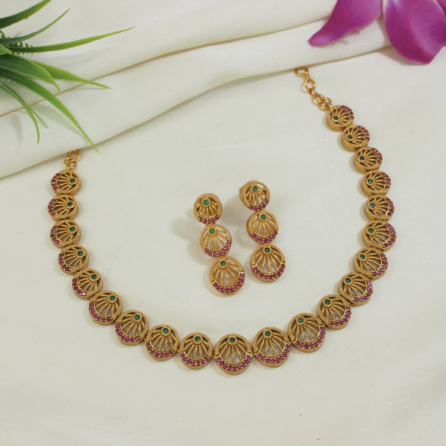 Orna American Diamond Brass Matte Finish Necklace Set