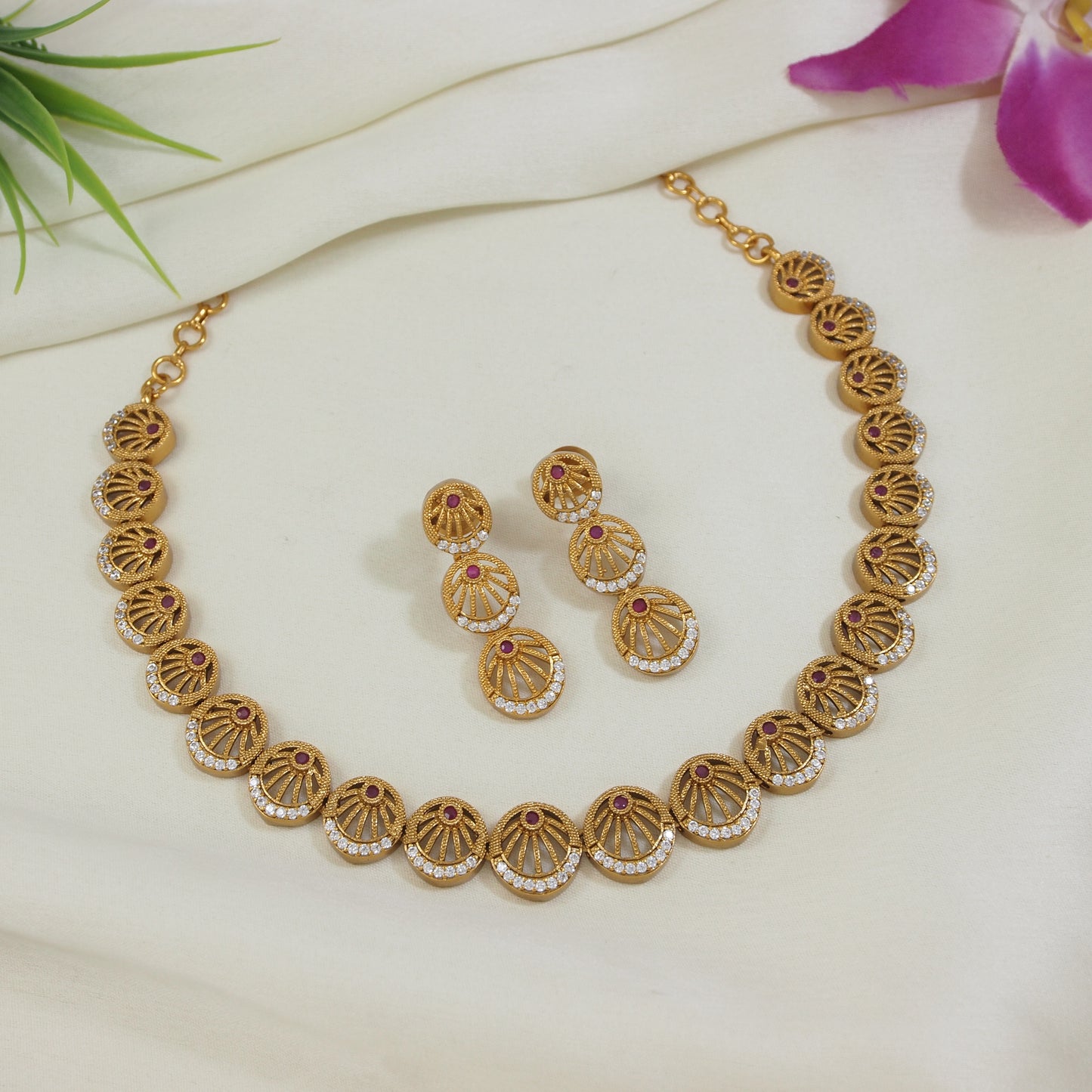 Orna American Diamond Brass Matte Finish Necklace Set