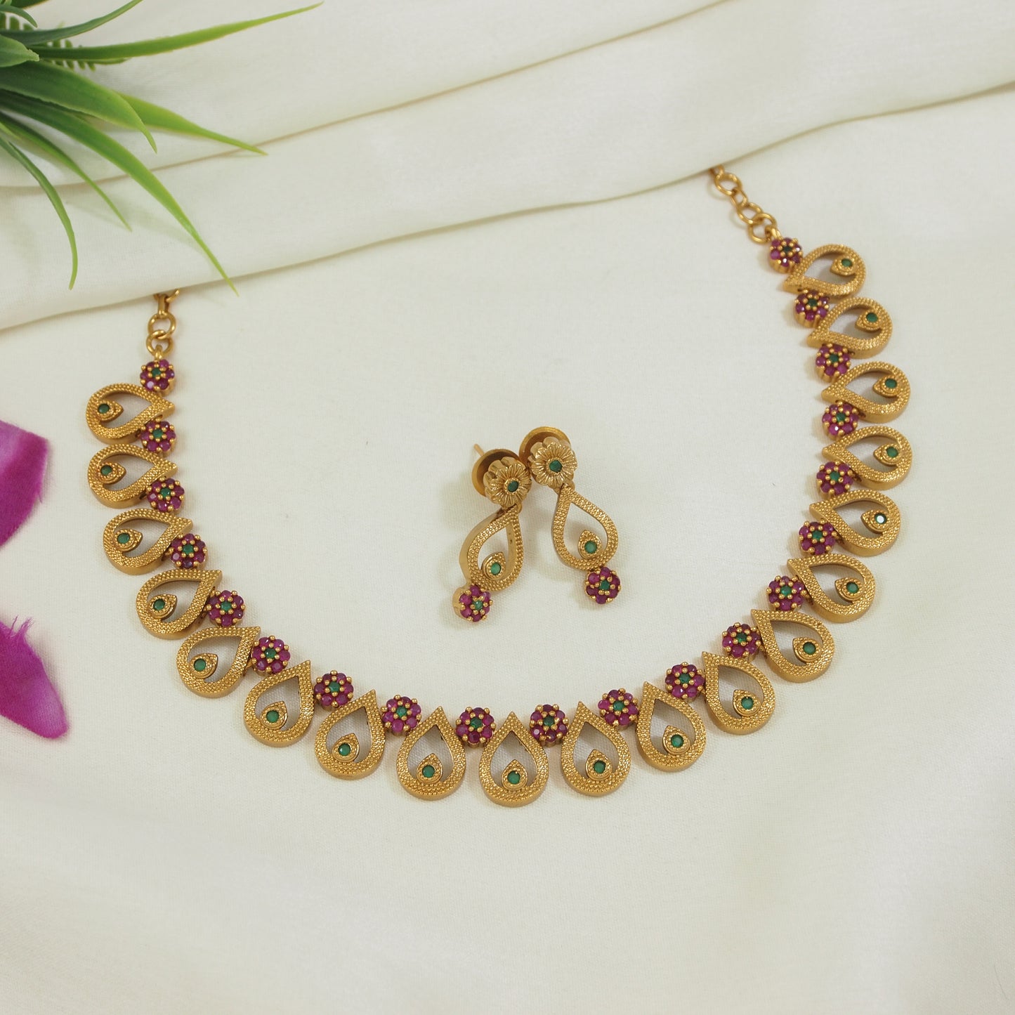 Orna American Diamond Brass Matte Finish Necklace Set
