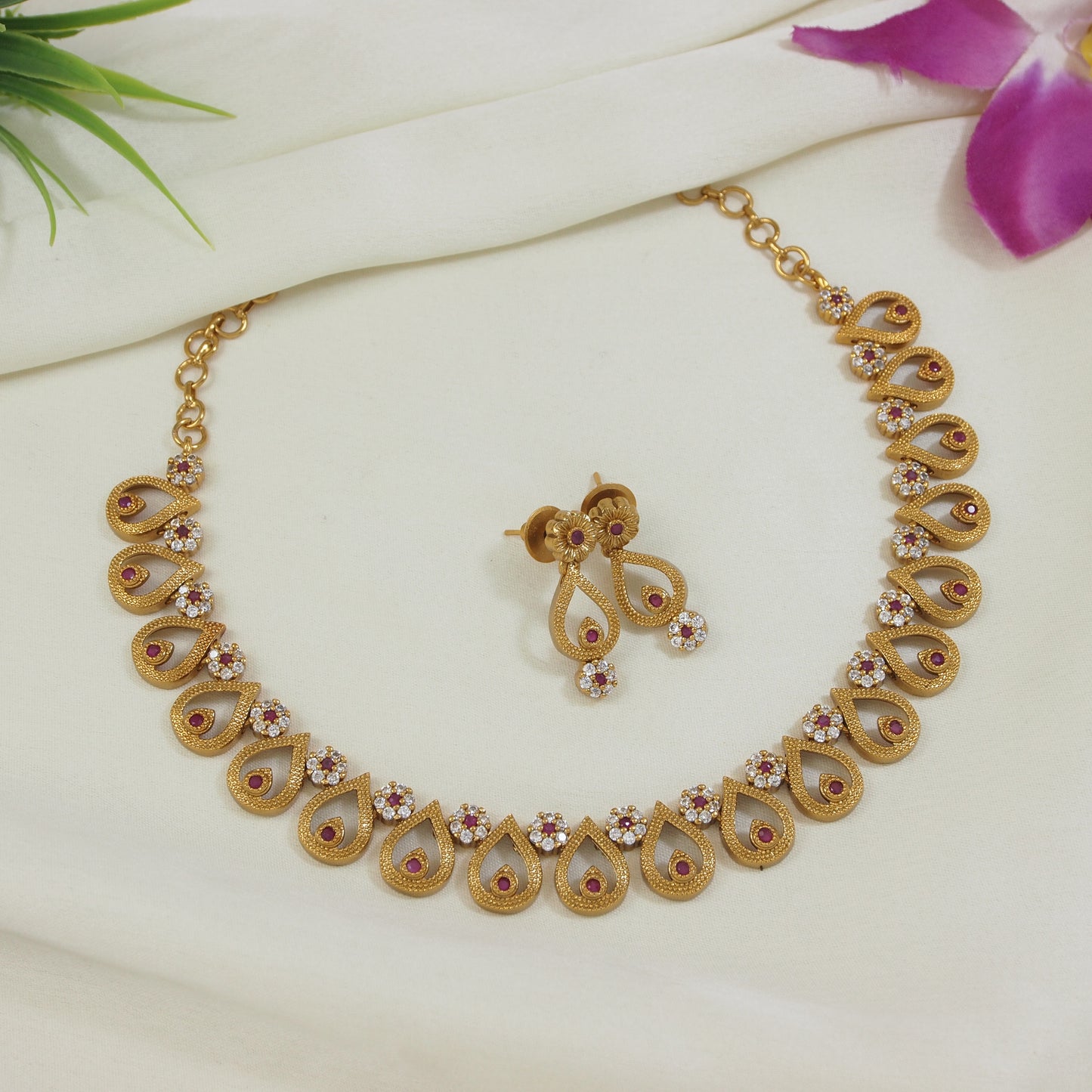 Orna American Diamond Brass Matte Finish Necklace Set