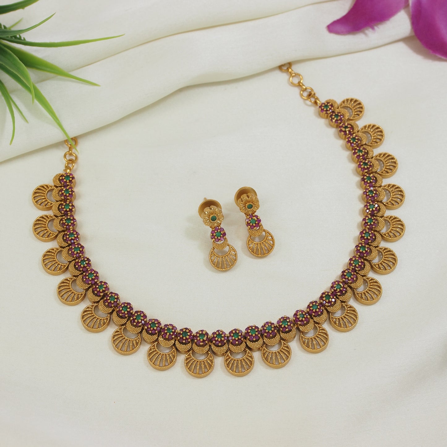 Orna American Diamond Brass Matte Finish Necklace Set