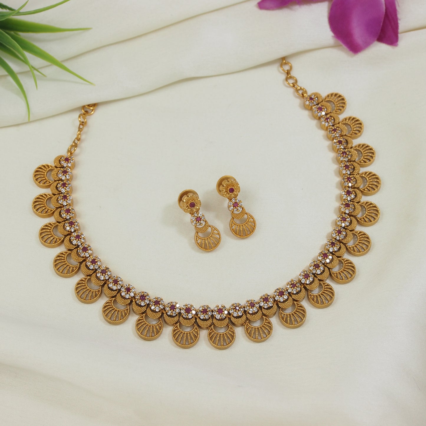 Orna American Diamond Brass Matte Finish Necklace Set