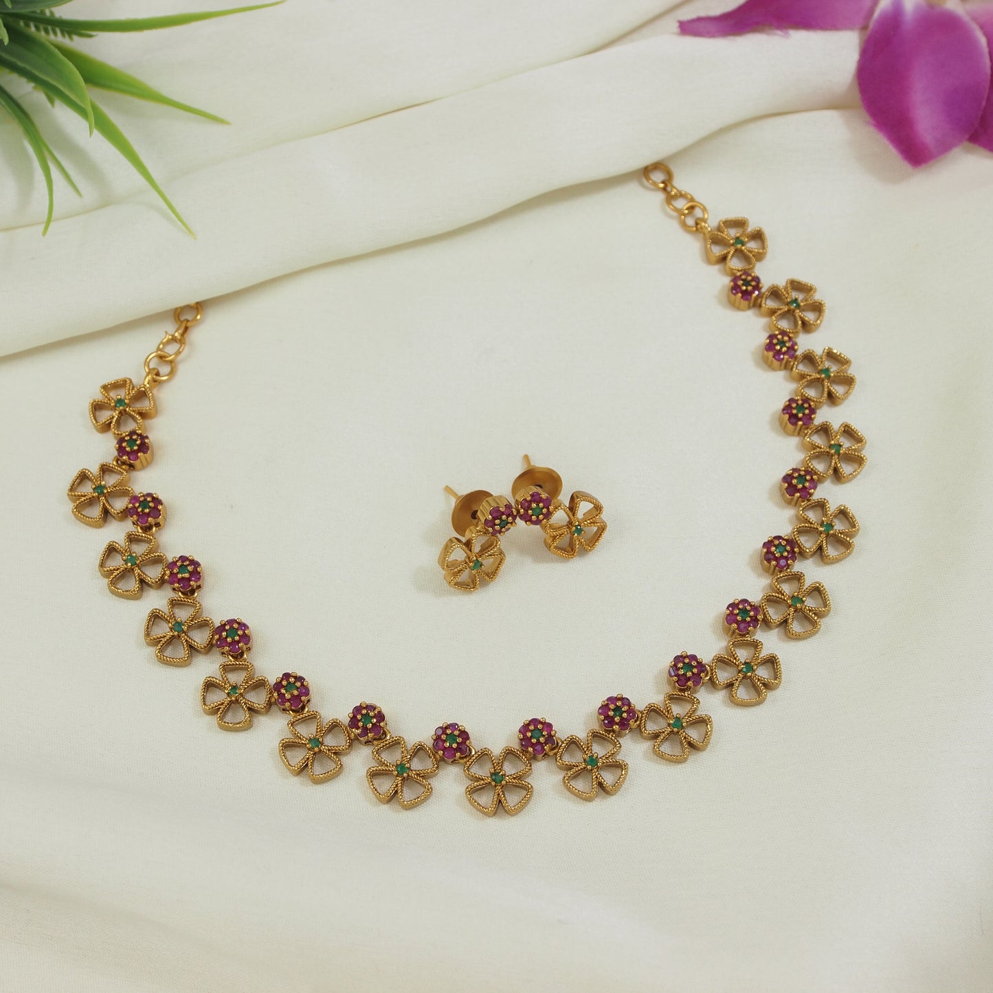 Orna American Diamond Brass Matte Finish Necklace Set