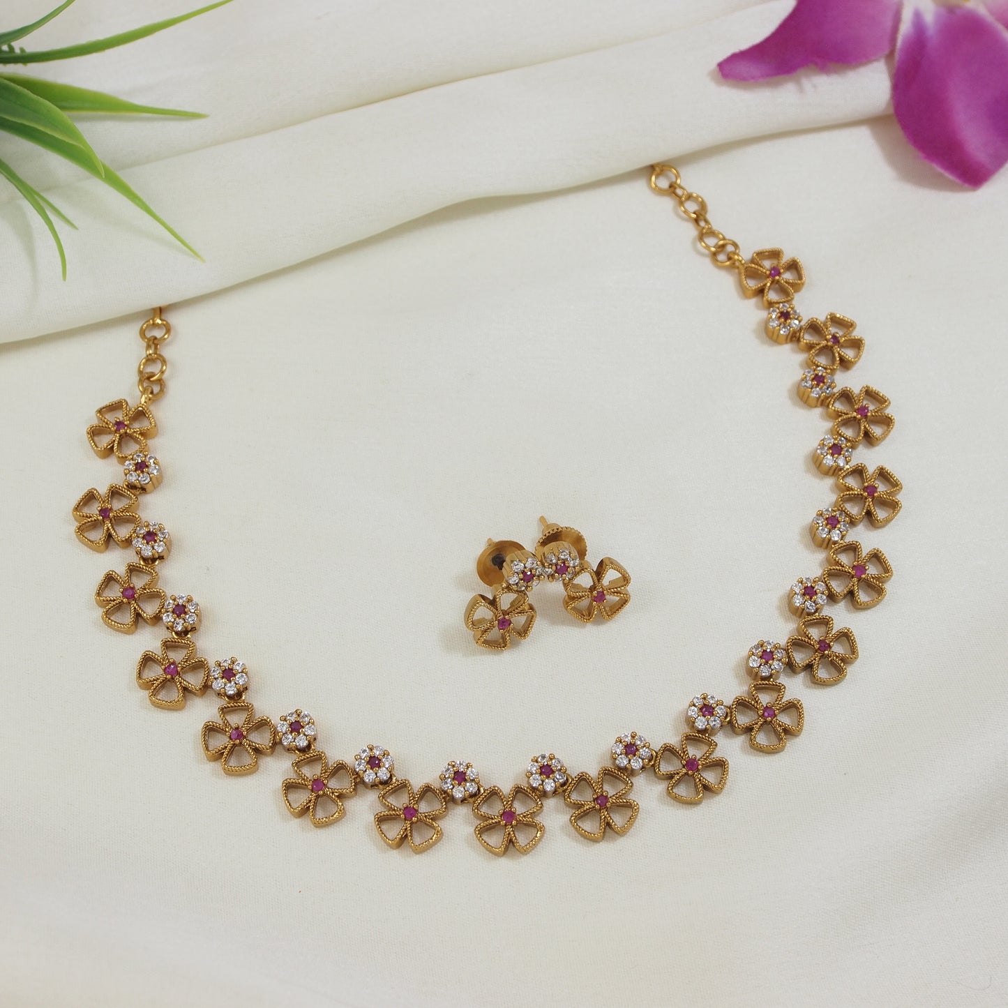 Orna American Diamond Brass Matte Finish Necklace Set