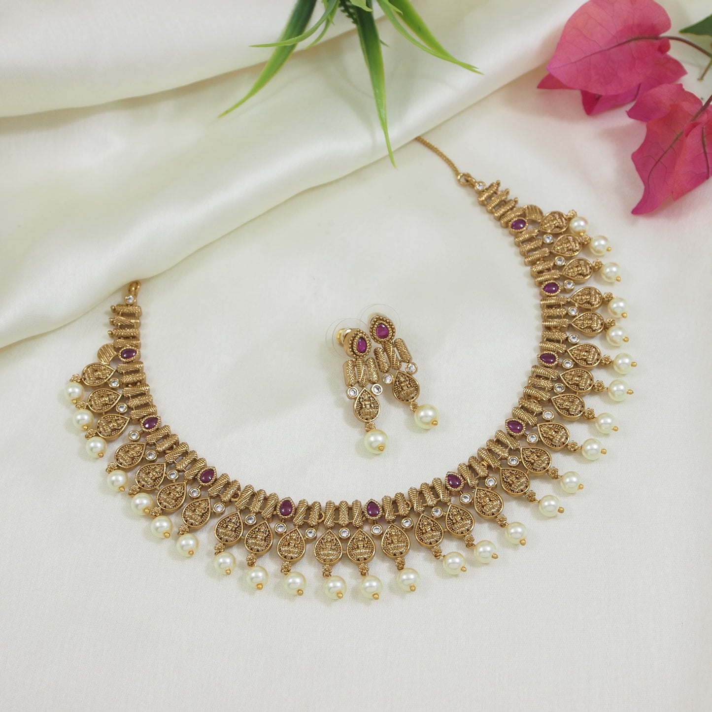Antique Gold-Plated Ruby and Green Stone Necklace Set with Earrings for Women