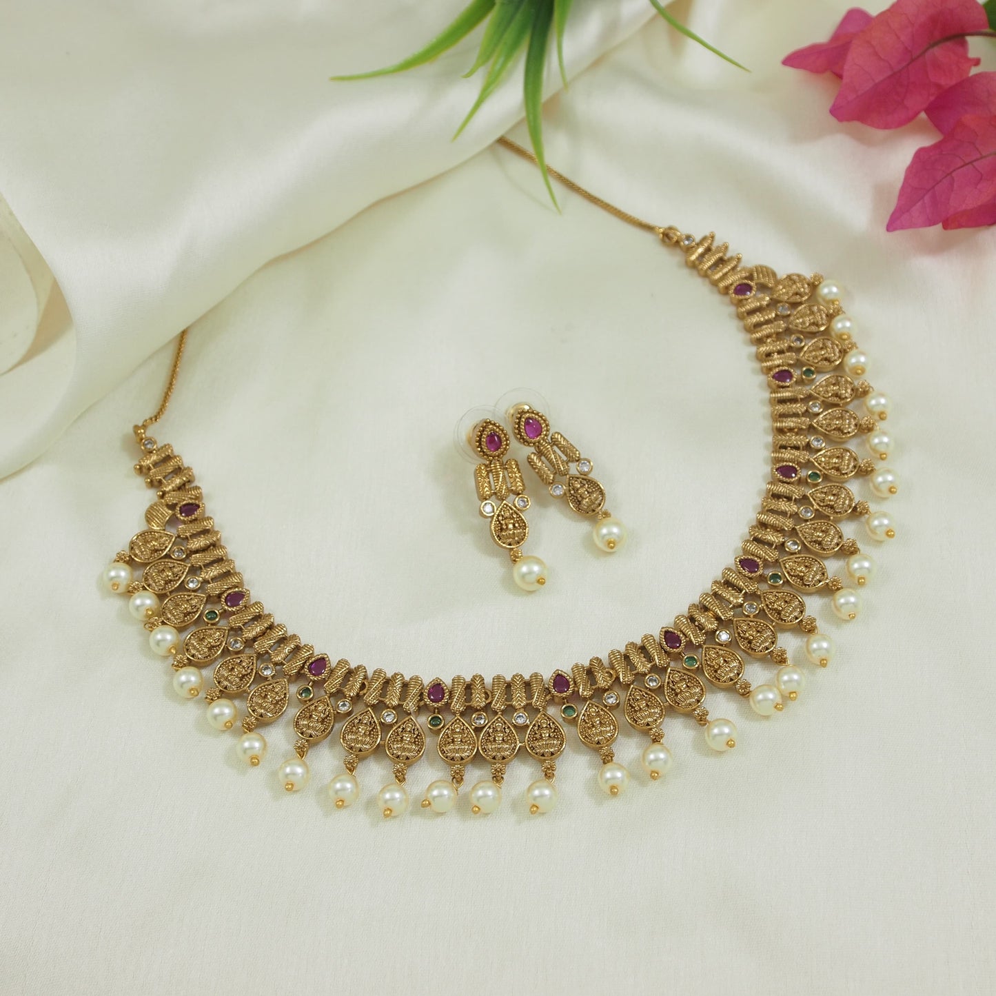 Antique Gold-Plated Ruby and Green Stone Necklace Set with Earrings for Women