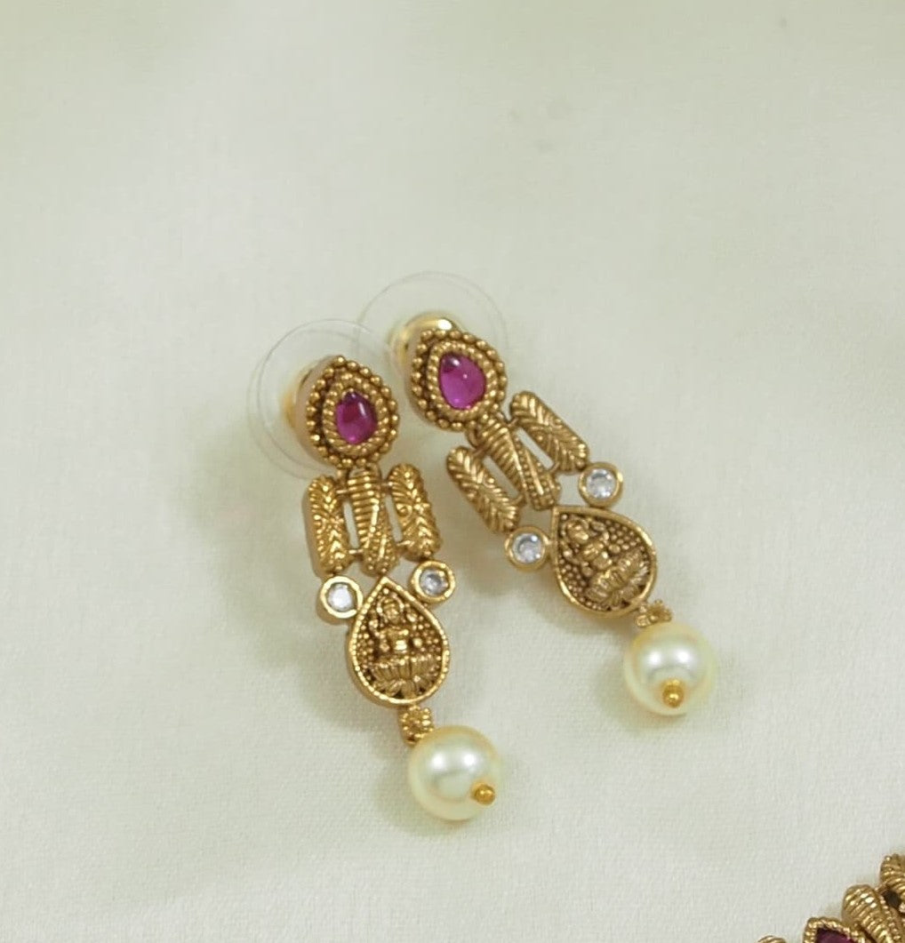 Antique Gold-Plated Ruby and Green Stone Necklace Set with Earrings for Women