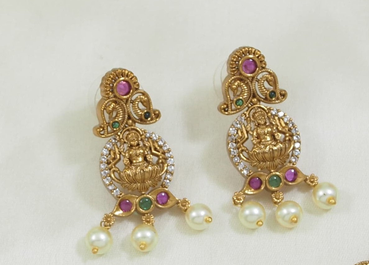 Antique Gold-Plated Temple Necklace Set with Lakshmi Motif and Earrings
