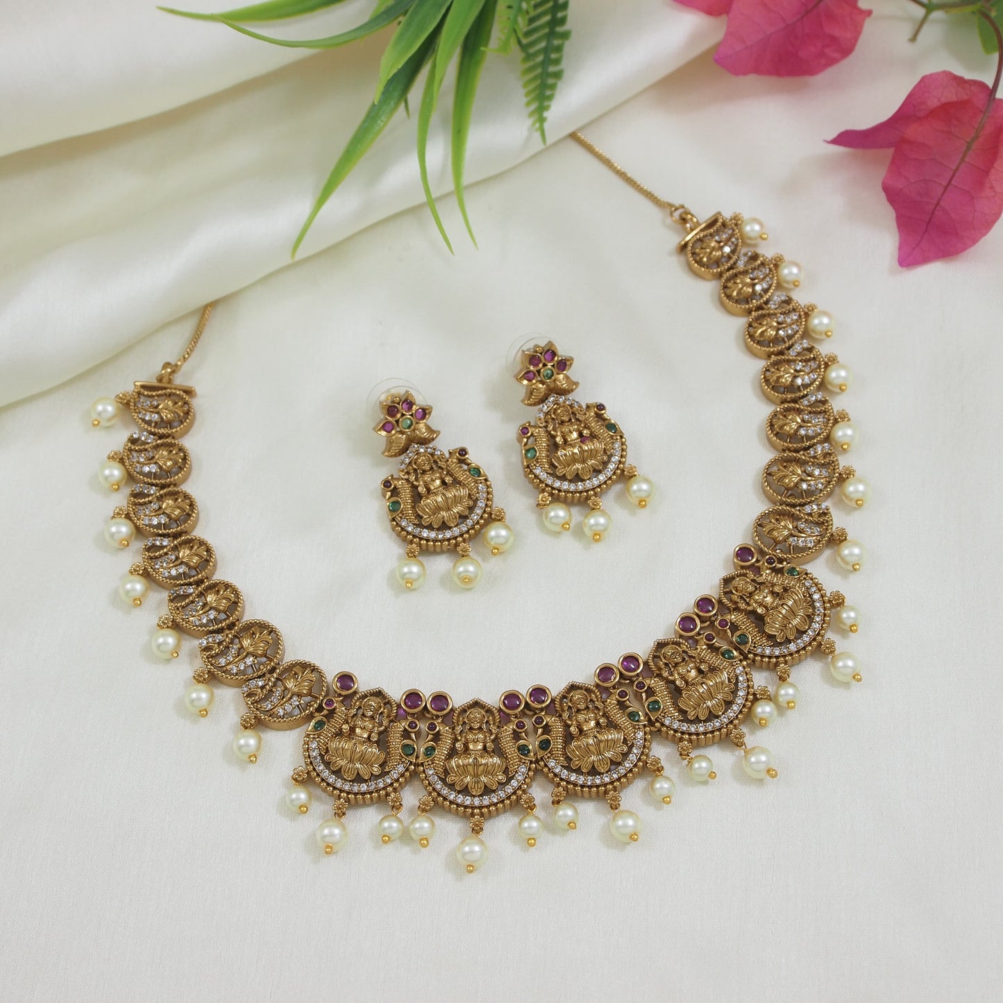 Antique Gold-Plated Temple Necklace Set with Lakshmi Motif and Earrings