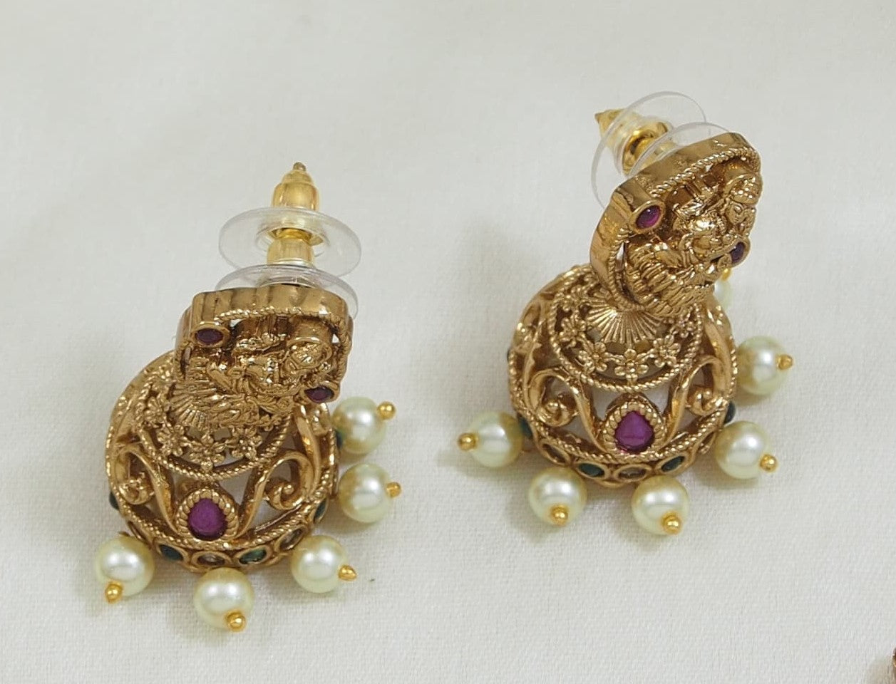 Traditional Brass Temple Necklace Set with American Diamonds and Pearl Accents