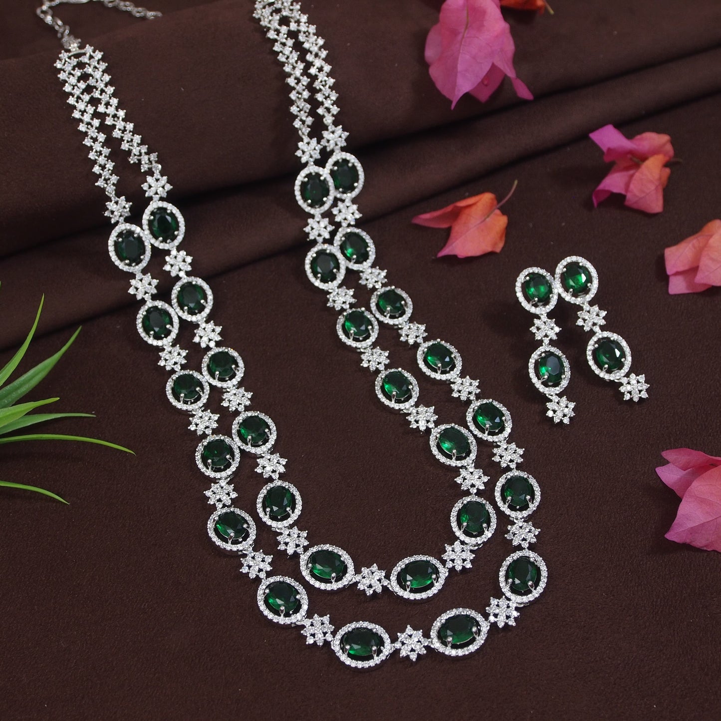 Elegant Green & White American Diamond Silver-Plated Necklace Set