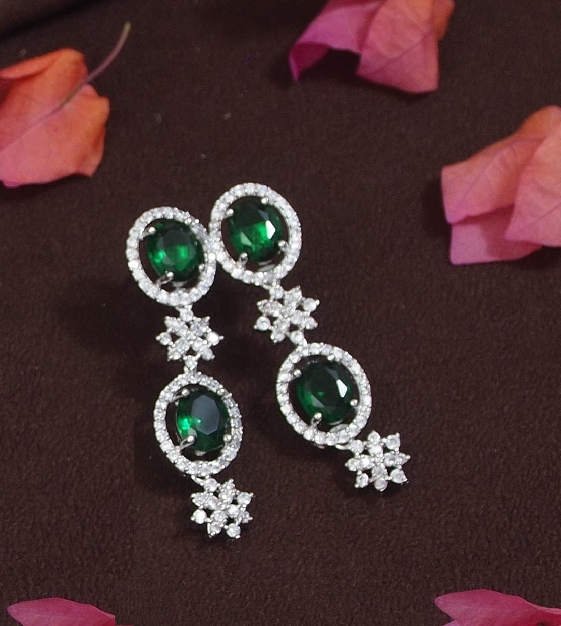 Elegant Green & White American Diamond Silver-Plated Necklace Set