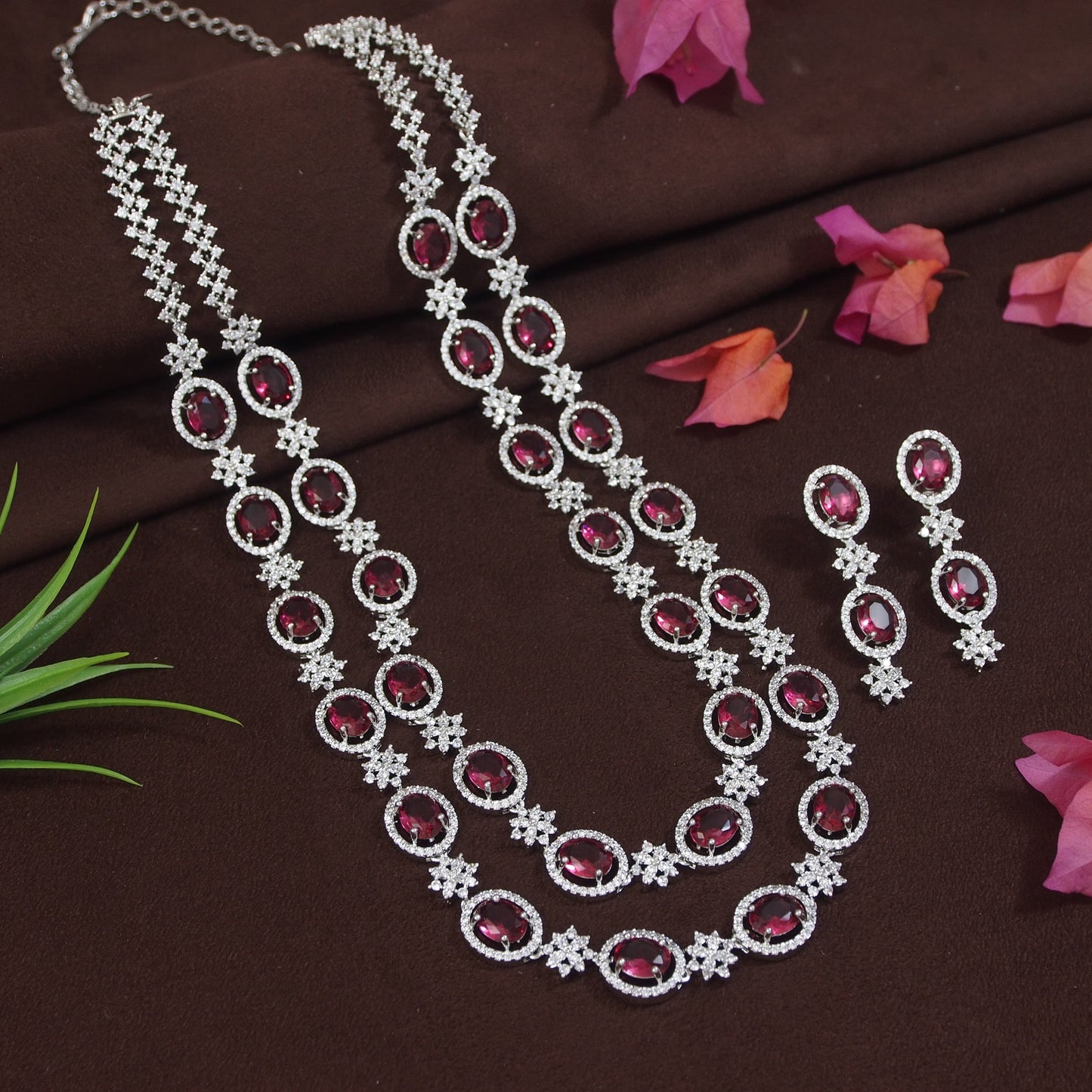 Elegant Ruby & White American Diamond Silver-Plated Necklace Set