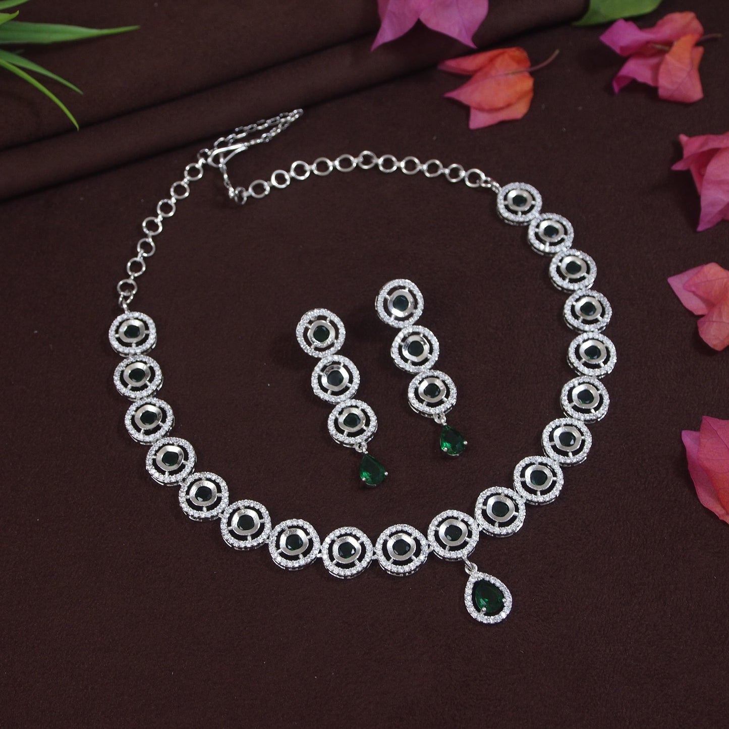Chic Green American Diamond Silver-Plated Necklace Set