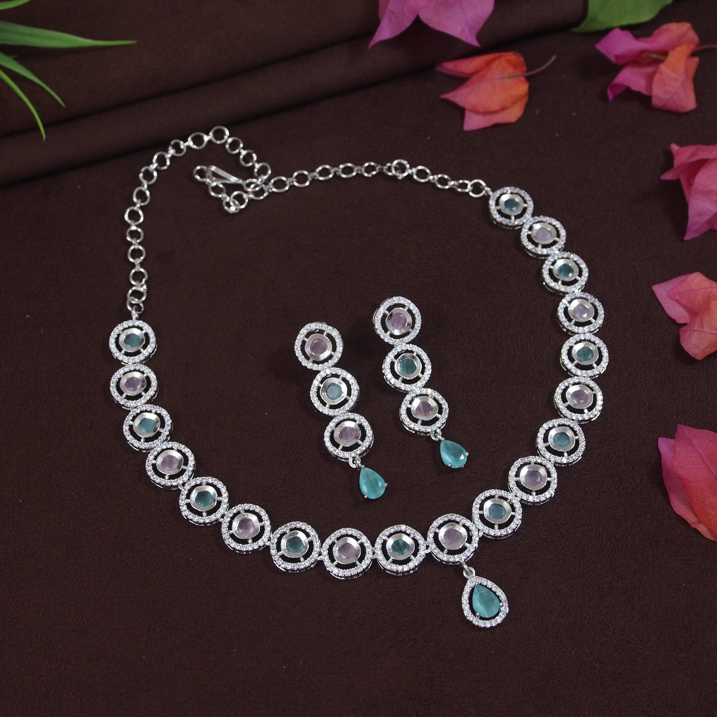 Chic Mint & Pink American Diamond Silver-Plated Necklace Set