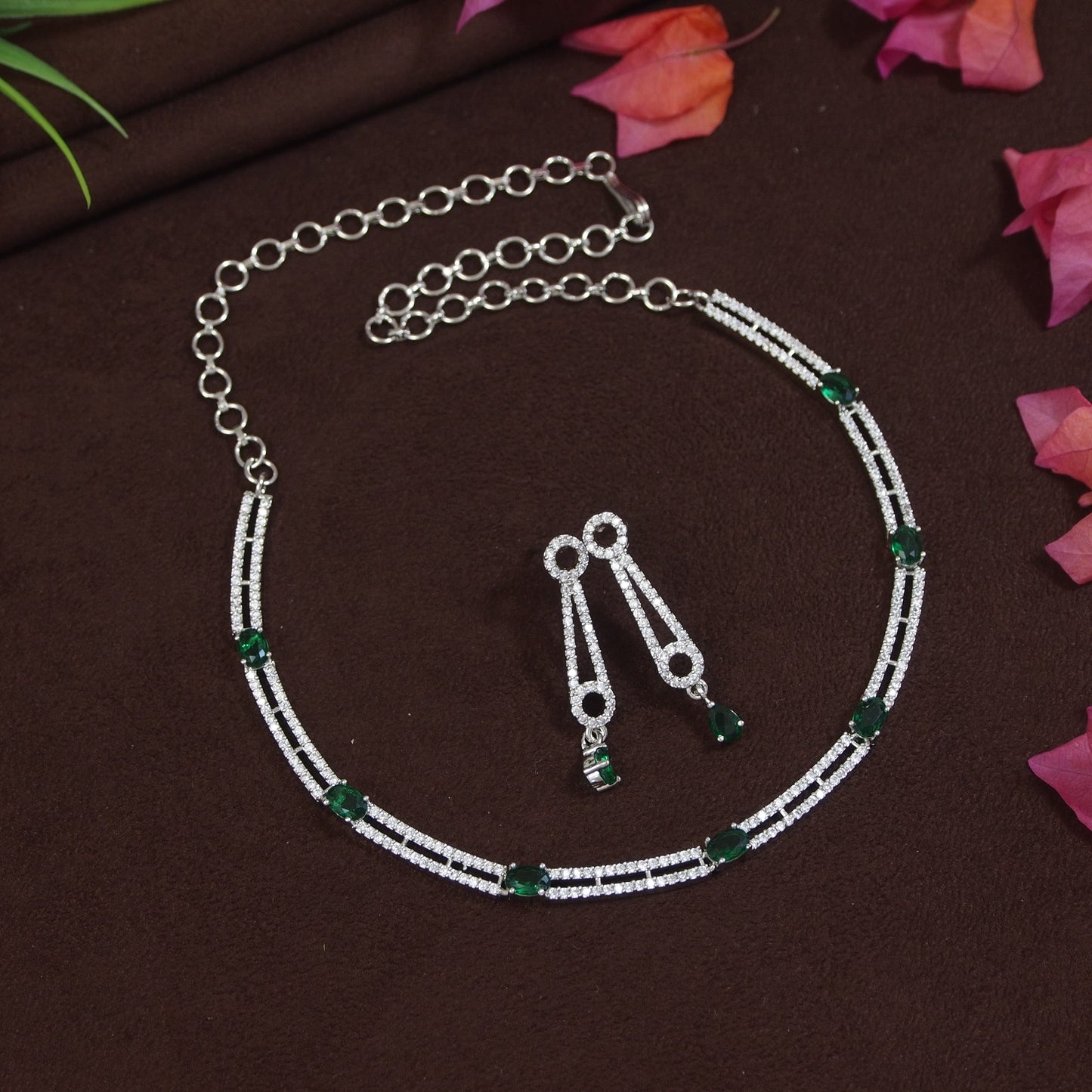 Minimalist Green American Diamond Silver-Plated Necklace Set