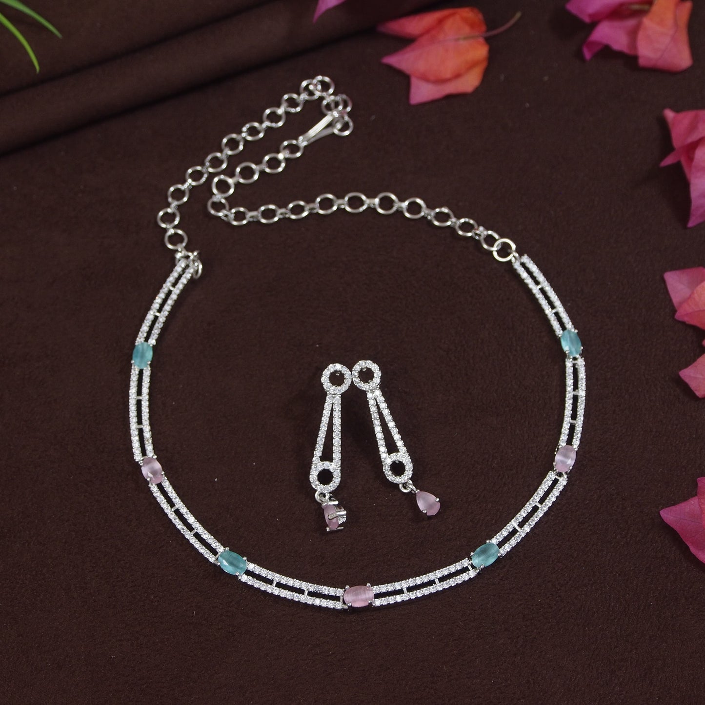 Minimalist Mint & Pink American Diamond Silver-Plated Necklace Set