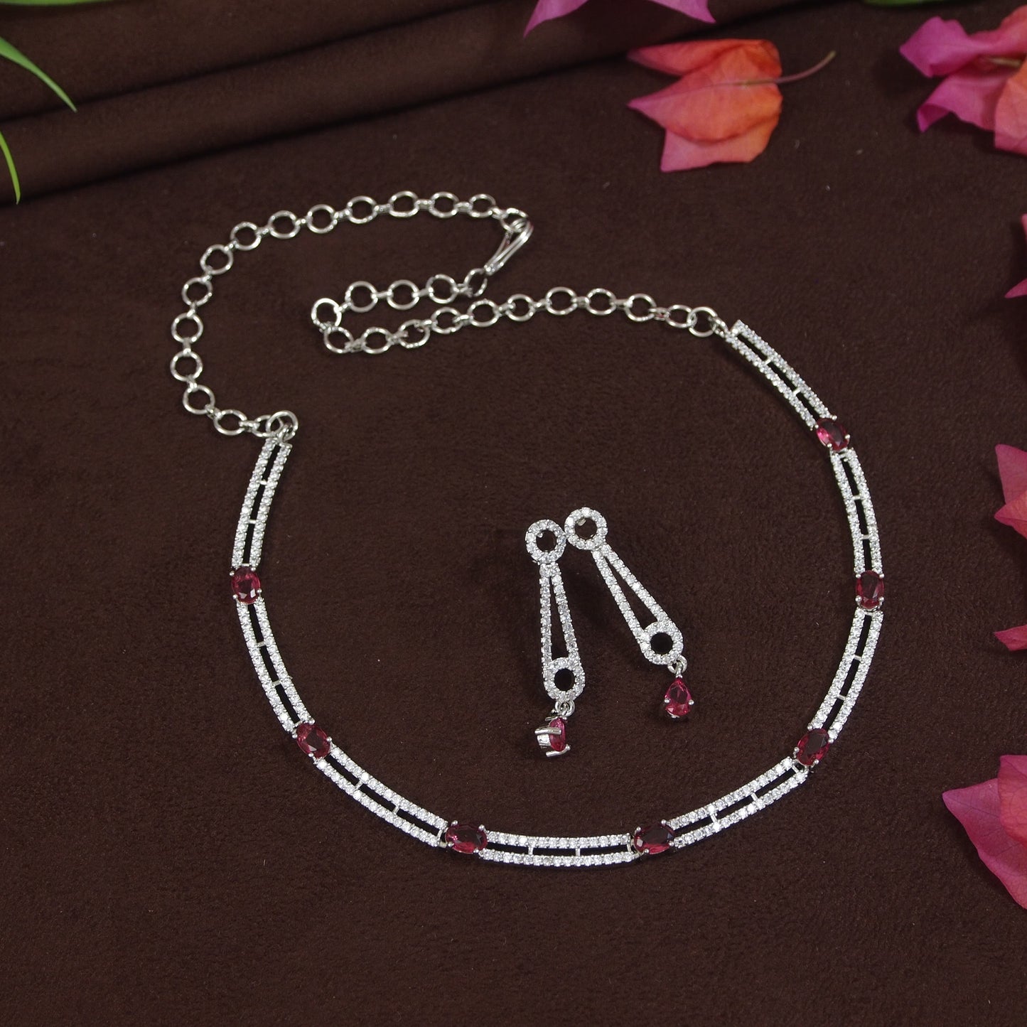 Minimalist Ruby American Diamond Silver-Plated Necklace Set (Copy)