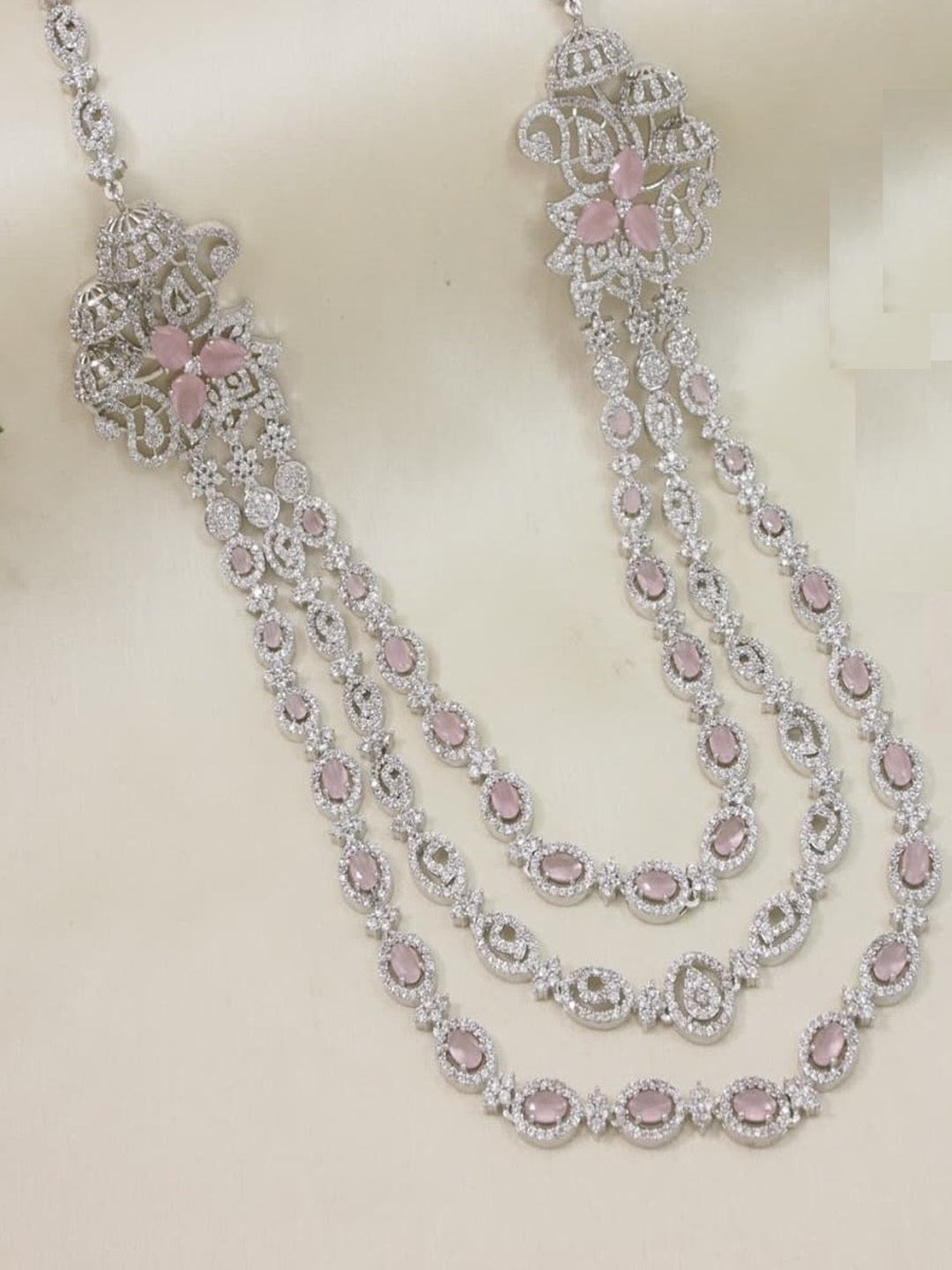 Three-Layer American Diamond Necklace Set with Pink and White Accents
