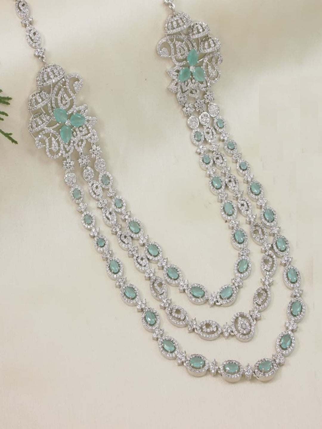 Three-Layer American Diamond Necklace Set with Mint and White Accents