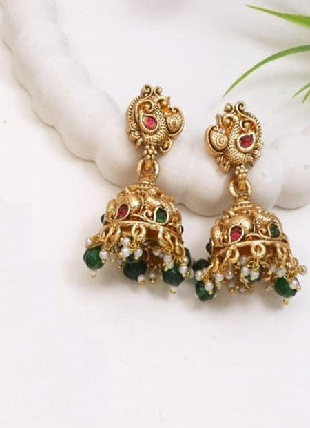 Traditional Temple Necklace Set with Antique Gold Lakshmi Pendant & Green Beads