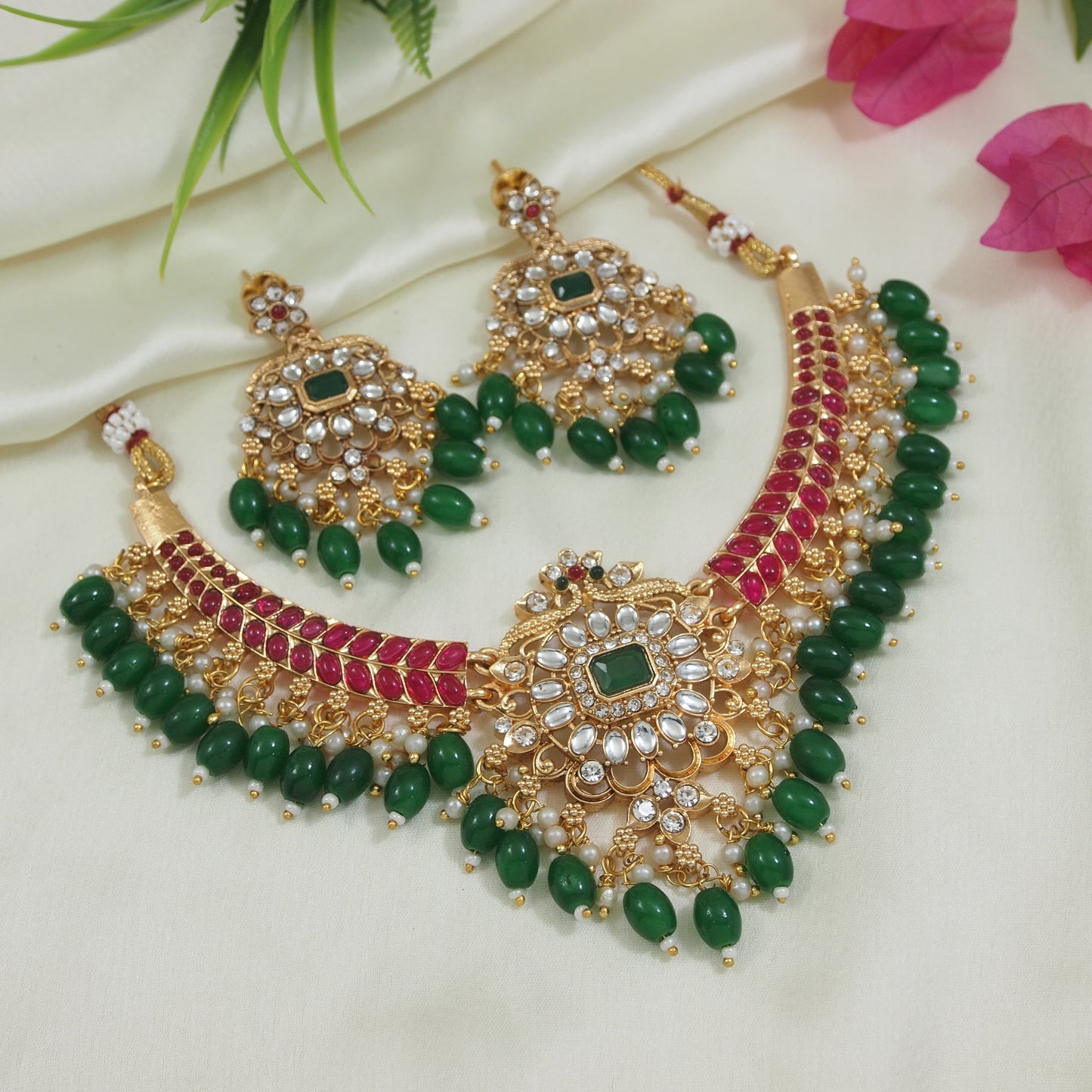 Royal Floral Green & Red Beaded Necklace Set with Matching Earrings