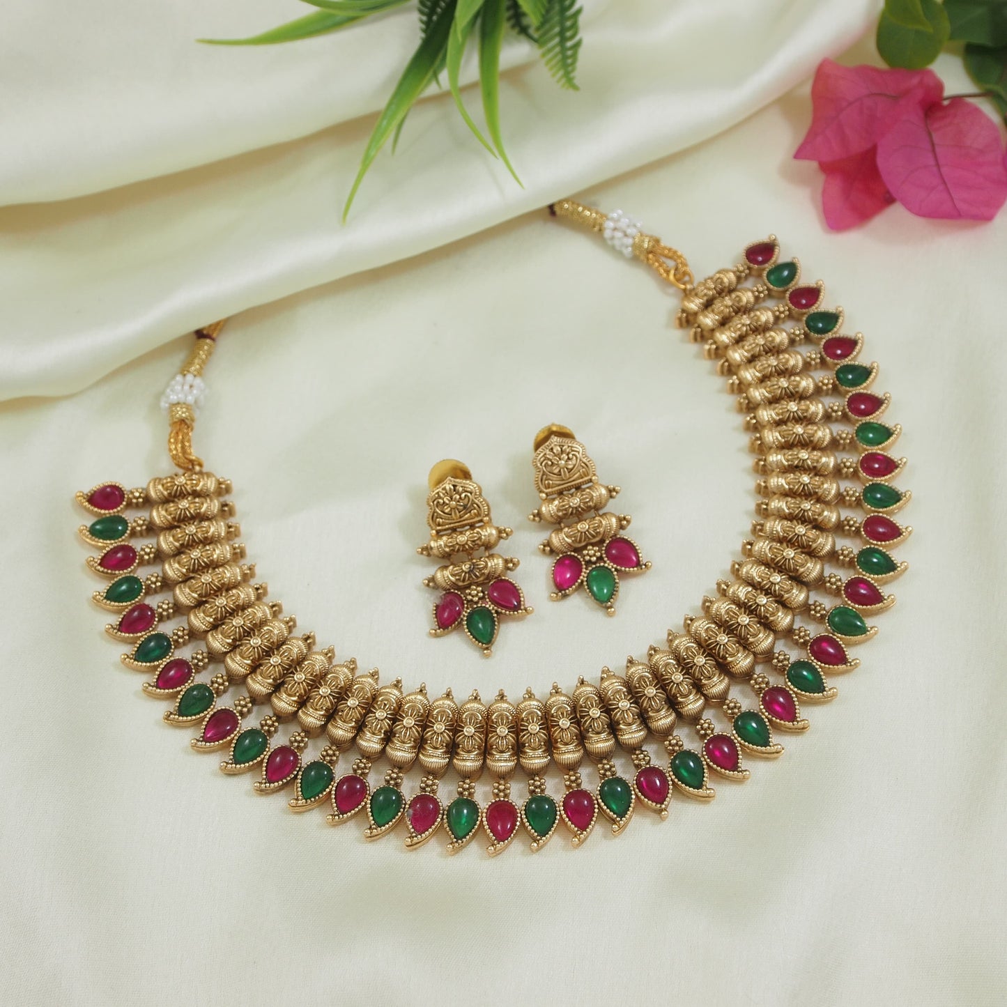 Traditional Gold-Toned Temple Necklace Set with Green & Red Beads