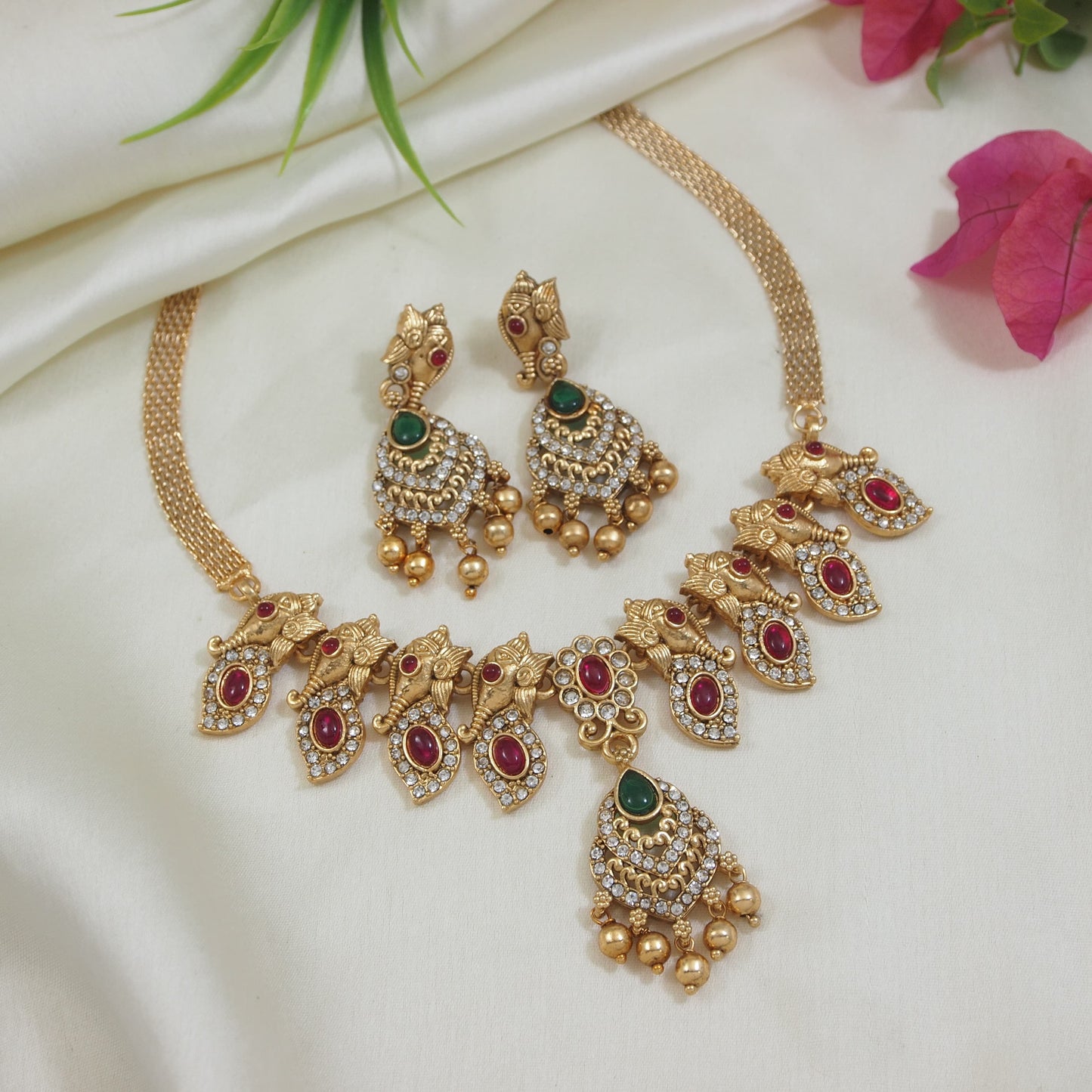 Elegant Gold-Toned Peacock Necklace Set with Red & Green Stones