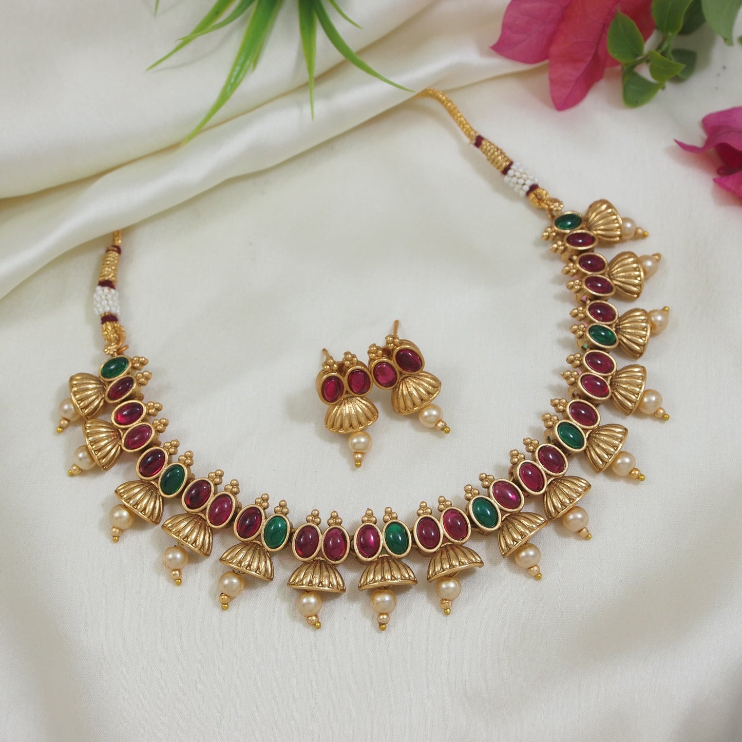 Traditional Gold-Toned Temple Necklace Set with Green & Red Beads