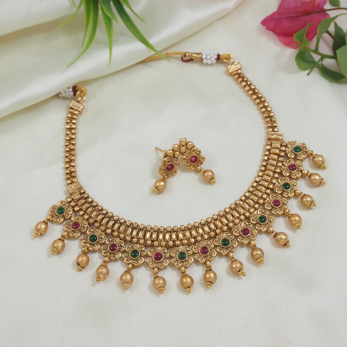 Traditional Gold-Plated Necklace Set with Green and Red Stone Embellishments & Matching Earrings