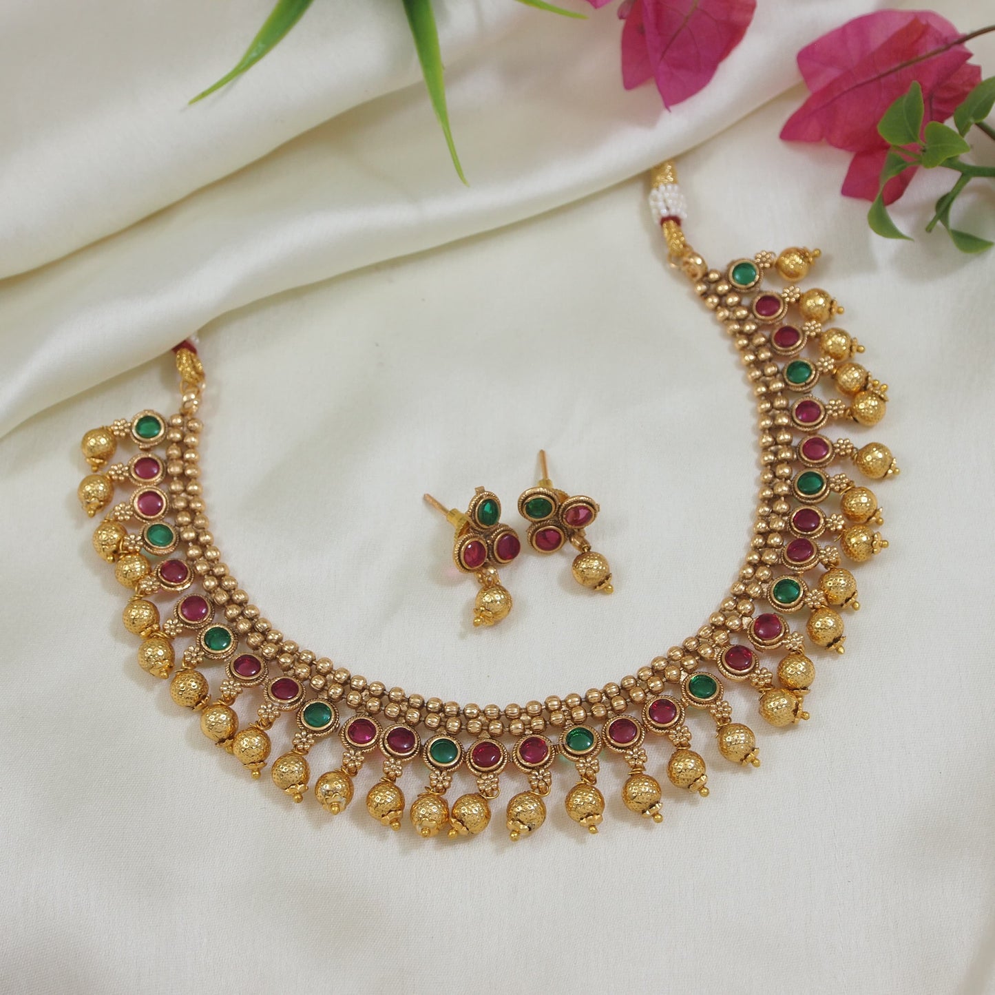 Traditional Gold-Plated Necklace Set with Green and Red Stone Embellishments & Matching Earrings (Copy)