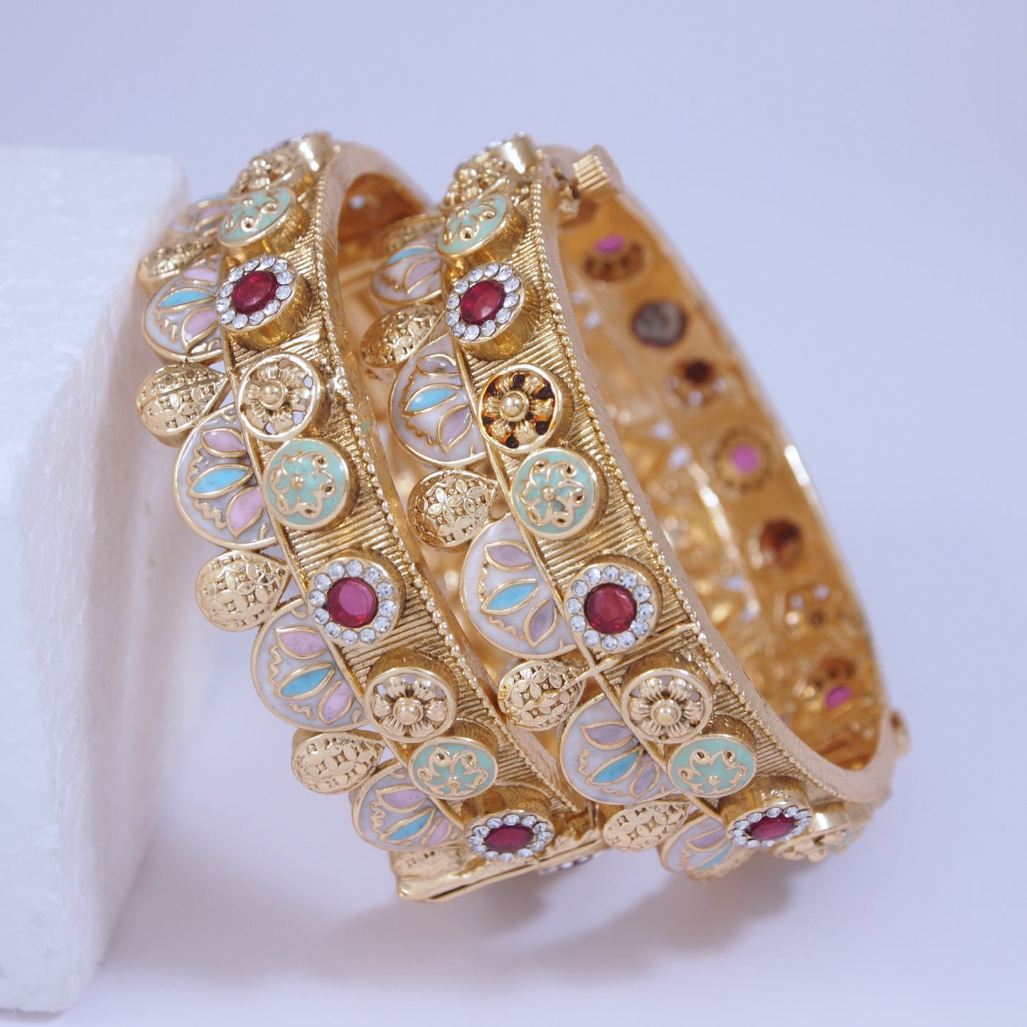 Brass Screw Openable Kada Bangle with Meenakari & AD Stone Work