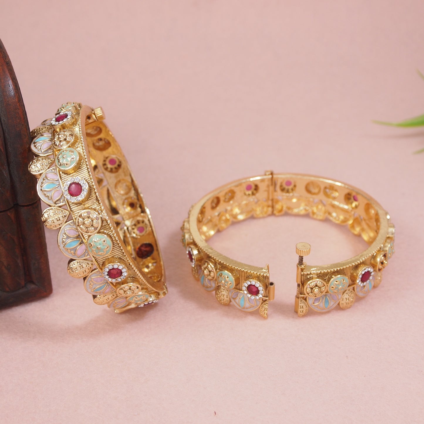 Brass Screw Openable Kada Bangle with Meenakari & AD Stone Work