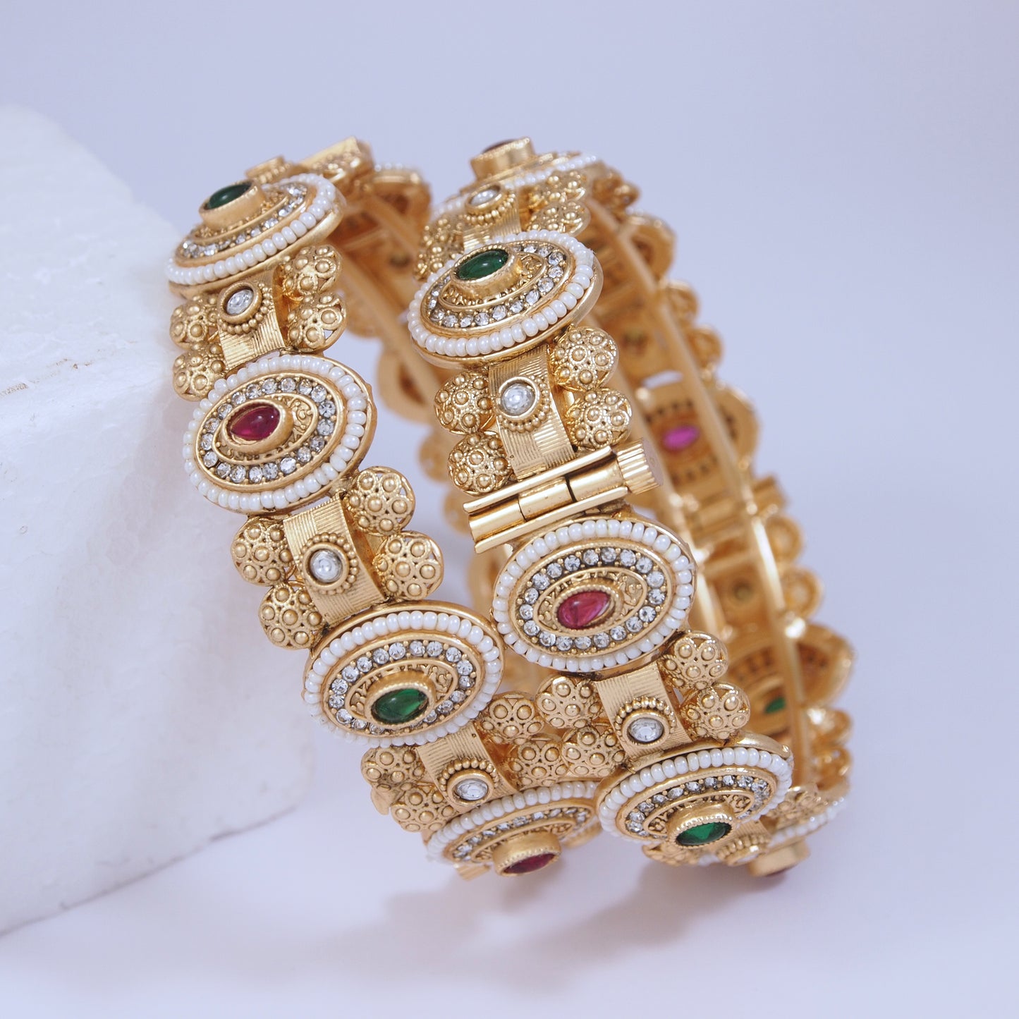 Regal Brass Screw Bangle Kada with Pearl, Meenakari & AD Work ? Openable Traditional Kada