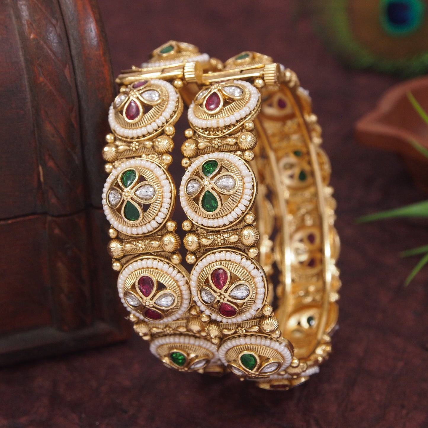 Traditional Pearl work Gold Brass Plated Openable Kada Bangle