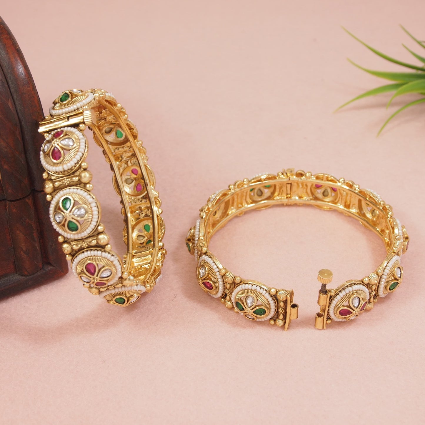 Traditional Pearl work Gold Brass Plated Openable Kada Bangle