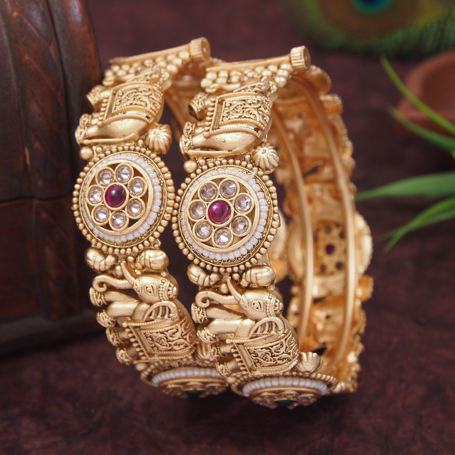 Traditional Pearl Work Rajwadi Gold Matte Polished with Elephant Motif Openable Bangle Kada