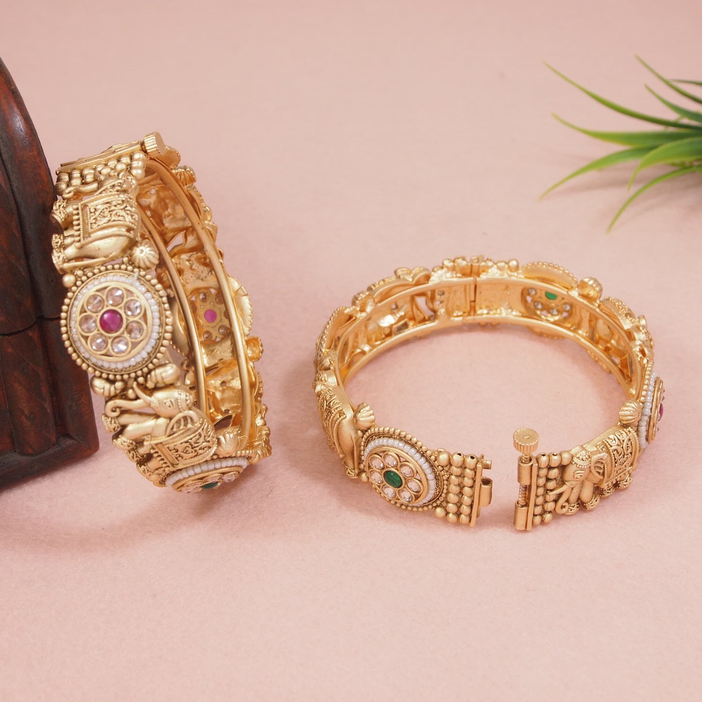 Traditional Pearl Work Rajwadi Gold Matte Polished with Elephant Motif Openable Bangle Kada