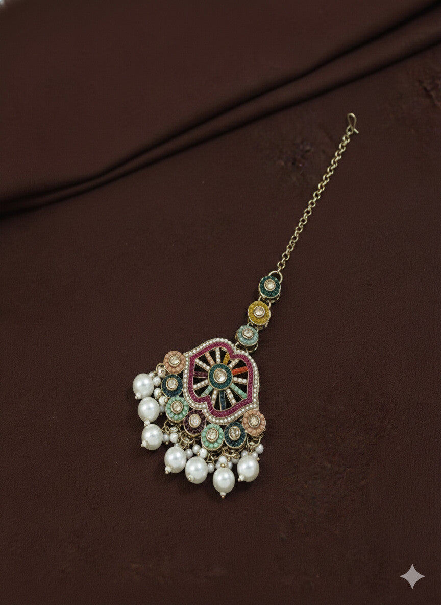 Royal Multicolor Kundan Pearl Choker Set with Jhumka Earrings & Maang Tikka